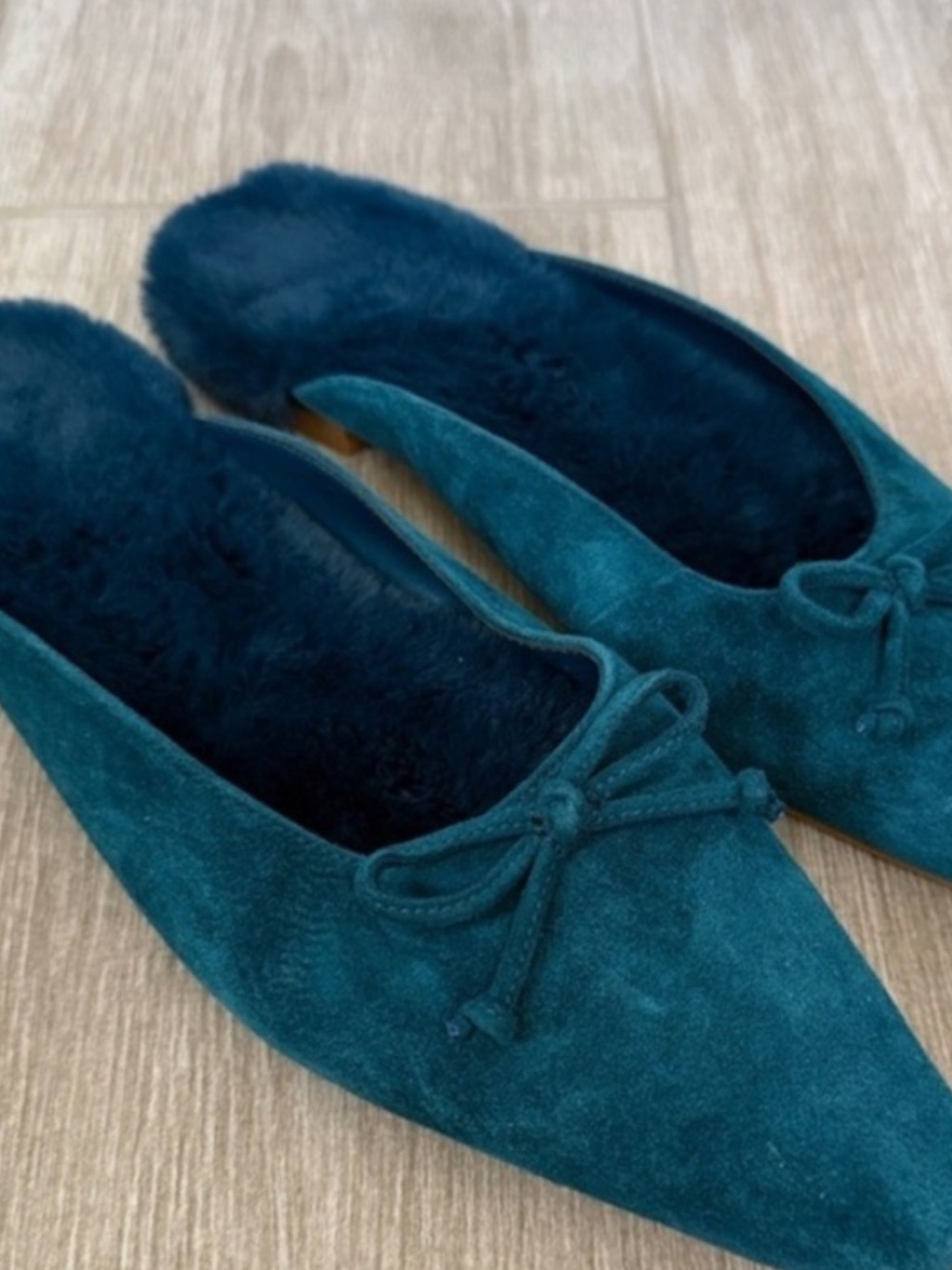 Chico's Teal Suede Bow Backless Mules - Picture 2 of 7
